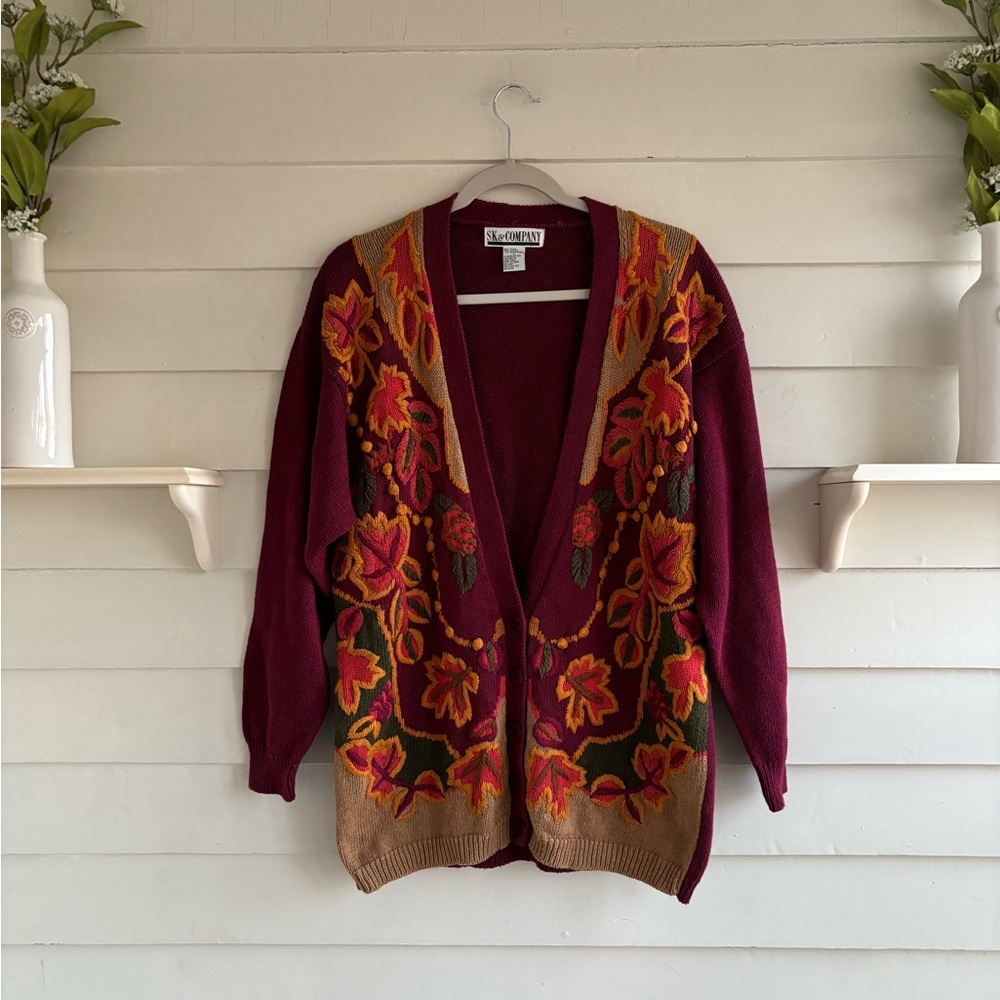 SK & Company Vintage Leaf Print Button Cardigan Sweater Size Large